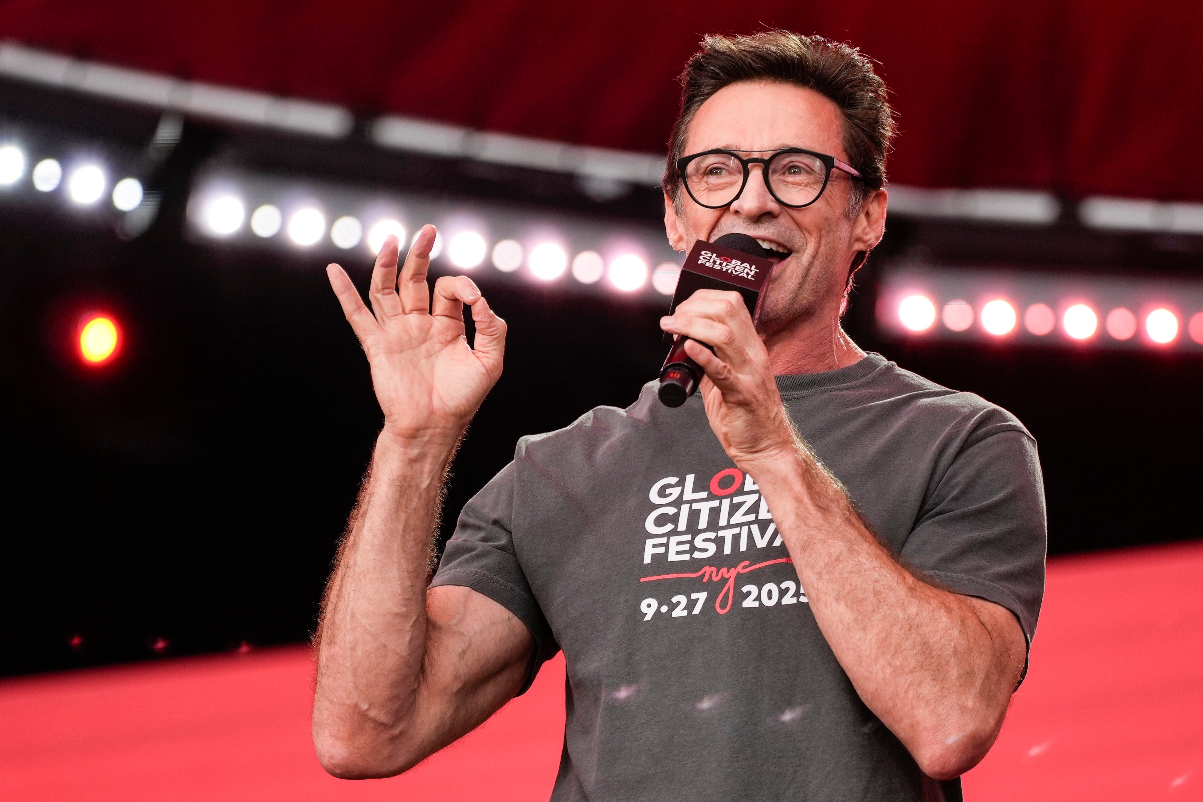 Hugh Jackman speaks during the Global Citizen Festival on Saturday, Sept. 27, 2025, in New York. (AP)